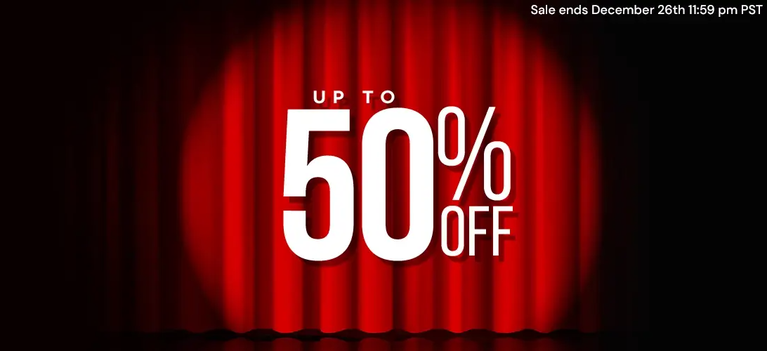 UP TO 50% OFF BOXING WEEK DEALS (ends December 26th 2024 11:59pm PST. (Red curtain with spotlight + big up to 50% off text in white)