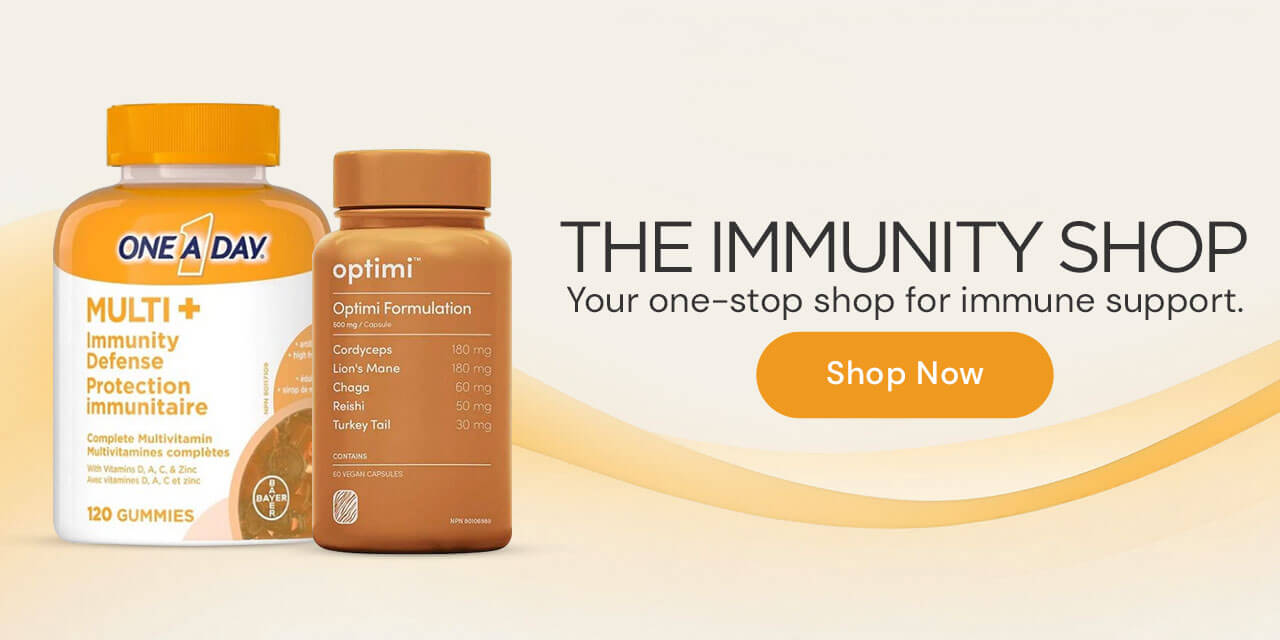 The Immunity Shop: Your one-stop shop for immune support. Orange Shop Now button. (light orange background with two immune care products featured.)