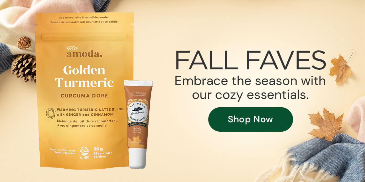 Shop Fall Faves. Embrace the cozy season with our cozy essentials. (beige background with fall leaves, two product features and dark green shop now button).