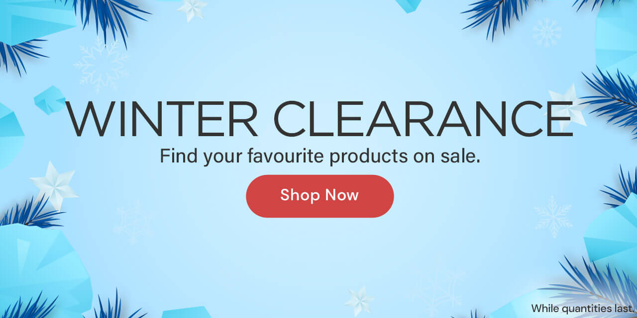 WINTER CLEARANCE: Find your favourite products on sale. While quantities last. Shop Now button. (Light blue background with navy pine tree/white star border. Black text with red cta button.)