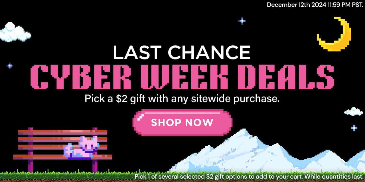 LAST CHANCE CYBER WEEK DEALS: Pick a $2 gift with any sitewide purchase while quantities last. Terms apply. Ends Dec 12 2024 11:59pm. (black night sky, retro arcade theme, pink text/cta button)