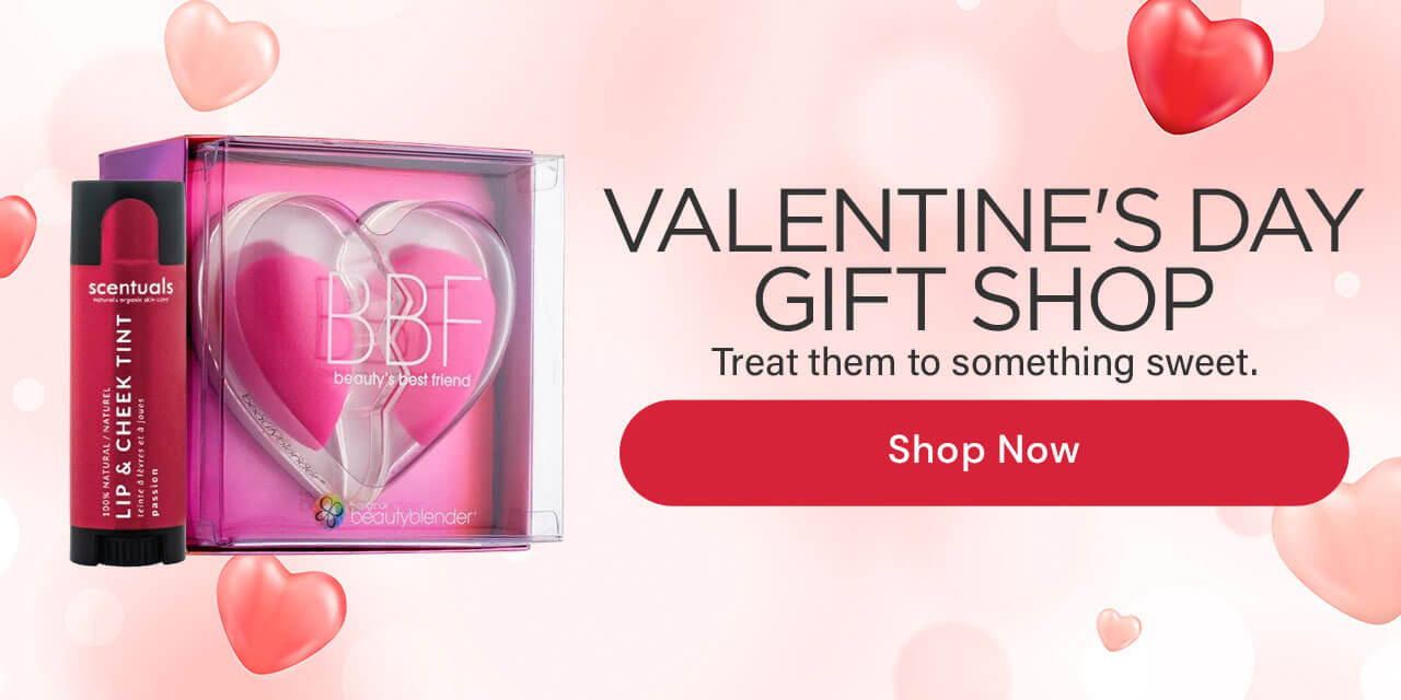 VALENTINE'S DAY GIFT SHOP Treat them to something sweet. (light pink background with hearts, 3 gift products, black text with red Shop Now button)